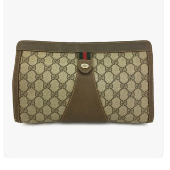 Authentic GUCCI Beige GG Logo Vintage Canvas Webbing Clutch - Picture 2 of 5